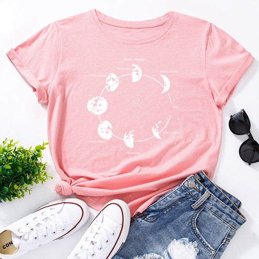 Cosmic Secret Print Loose Round Neck Short Sleeve T-Shirt Women