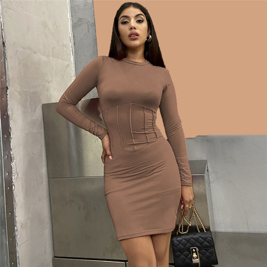 Long Sleeve Slim Pleated Dress Women