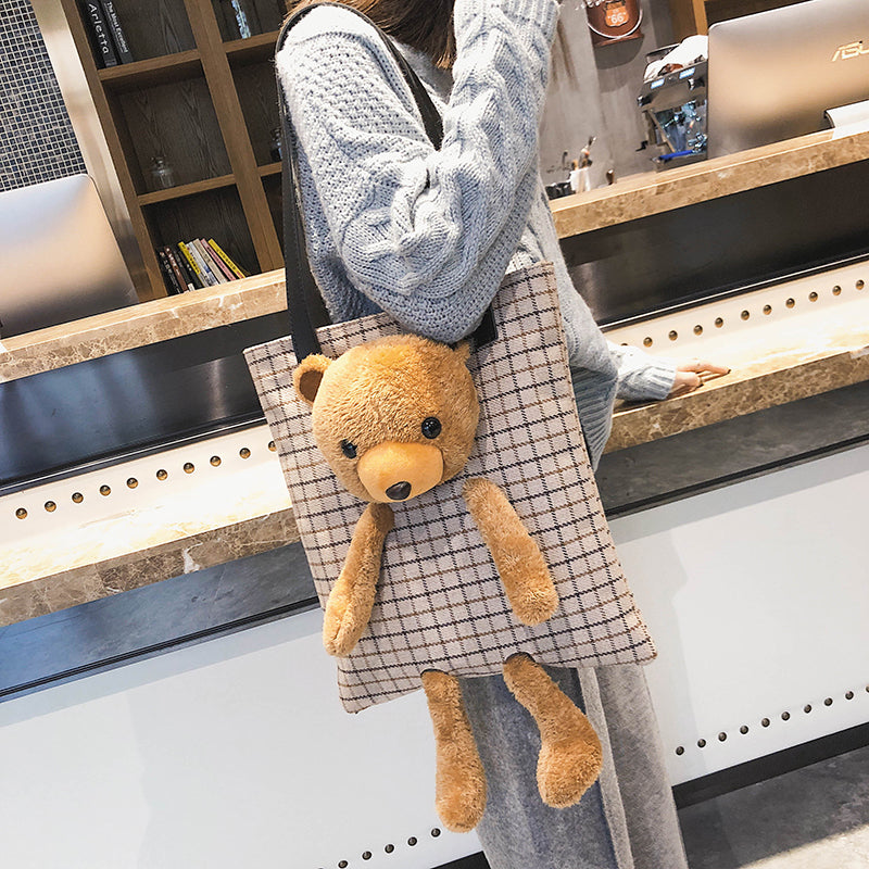 New Trendy Kawaii Lattice Large-Capacity Bear Plush Toy Doll Ladies Shoulder Bag Casual Handbag Bag