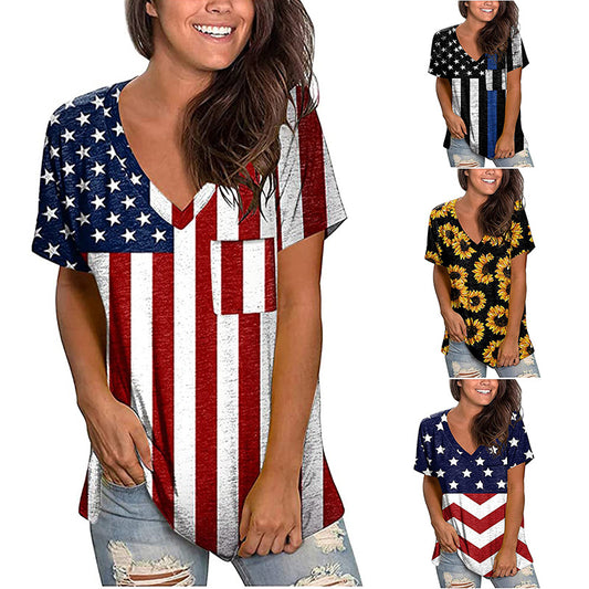 Women's Top National Flag Printed V-neck Short-sleeved Loose T-shirt Women