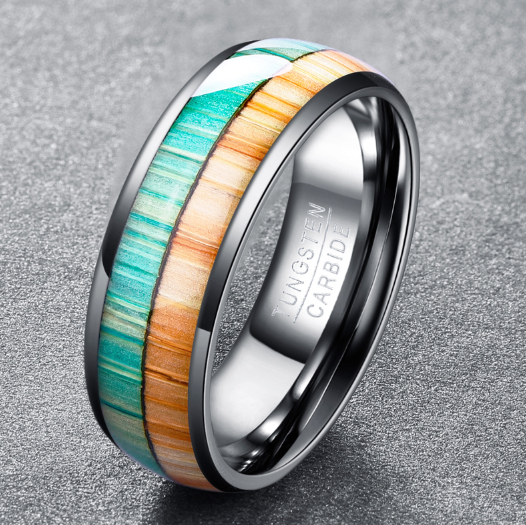 NUNCAD 8MM wide polished wood grain DomeTungsten carbide men inlaid ring double Color orange green trend mens gift ring