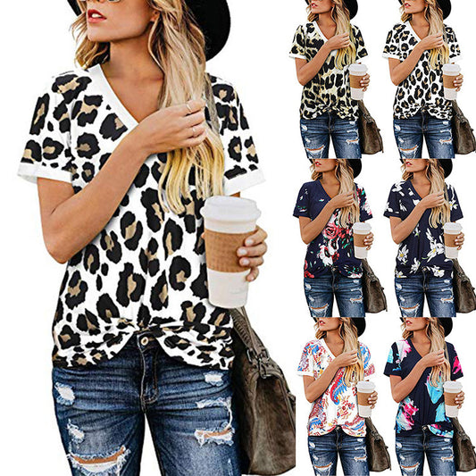 Womens Loose V Neck Printed Short Sleeved T Shirt Top