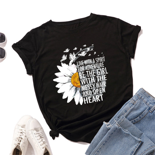 Women's Loose Round Neck Sunflower And Chrysanthemum Short-sleeved T-shirt Women