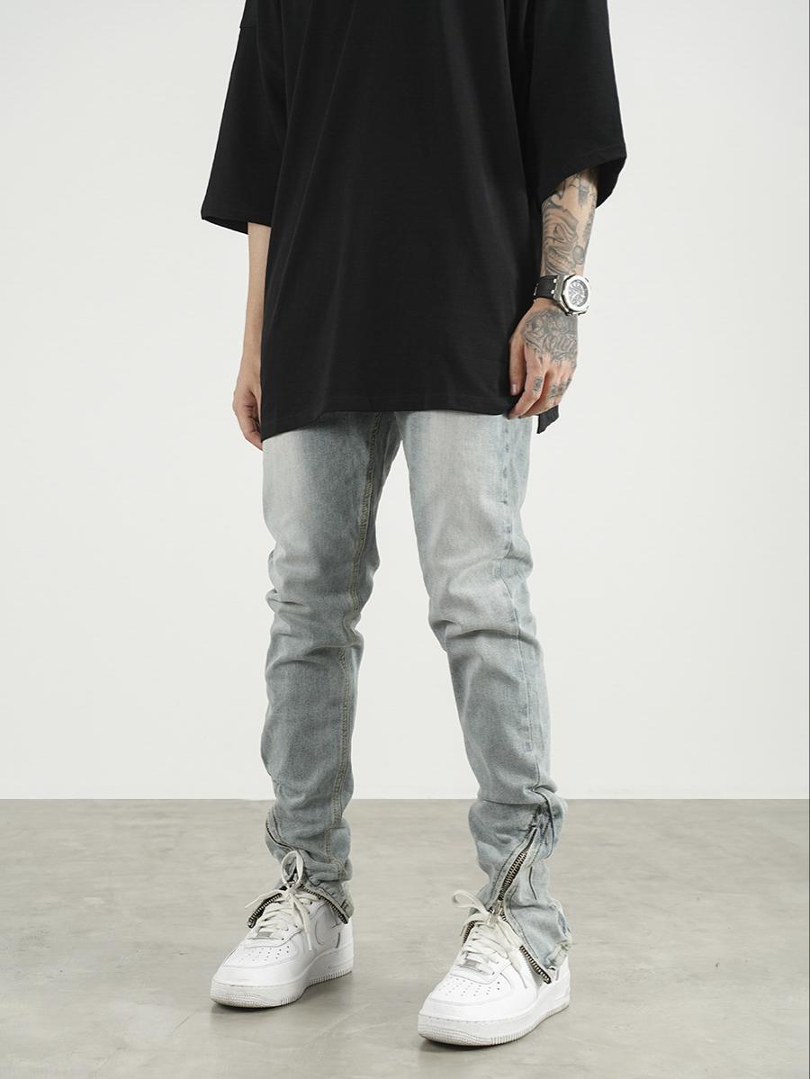 Men And Women High Street Scimitar Zipper Split Slim Jeans