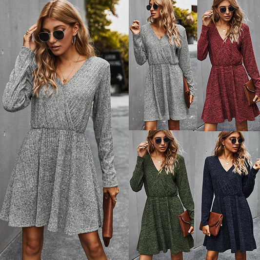 Autumn and winter V-neck dress women