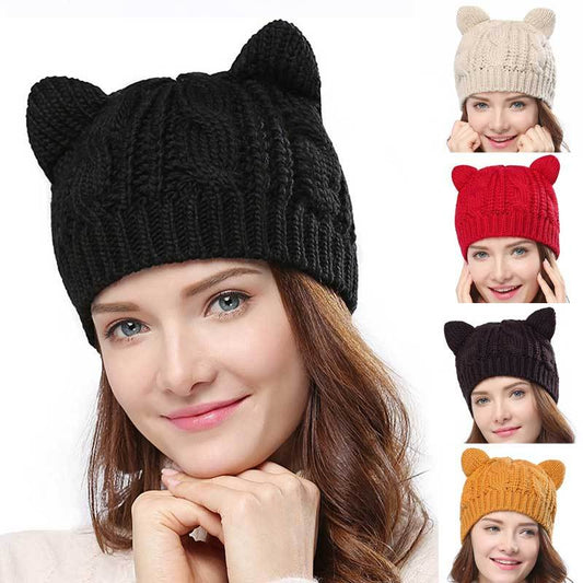 Hand Made 3D Cute Knitted Cat Ear Beanie Cap for Winter