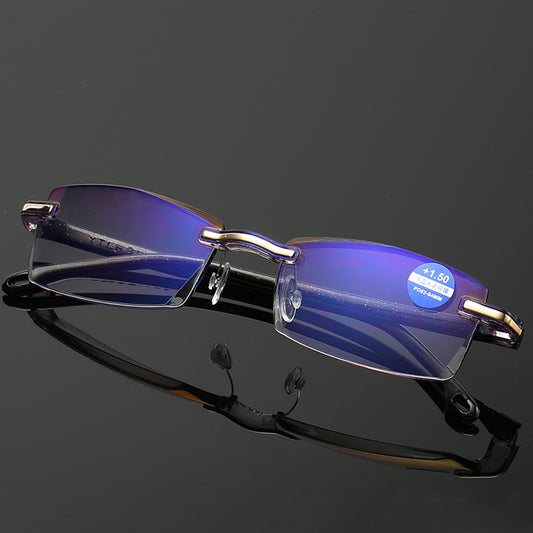 New Frameless Diamond Trimming Reading Glasses Comfortable Anti-blue Light Blue Film One Men's Glasses