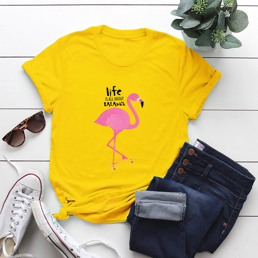 Women's Loose Flamingo Short Sleeve T-shirt Women