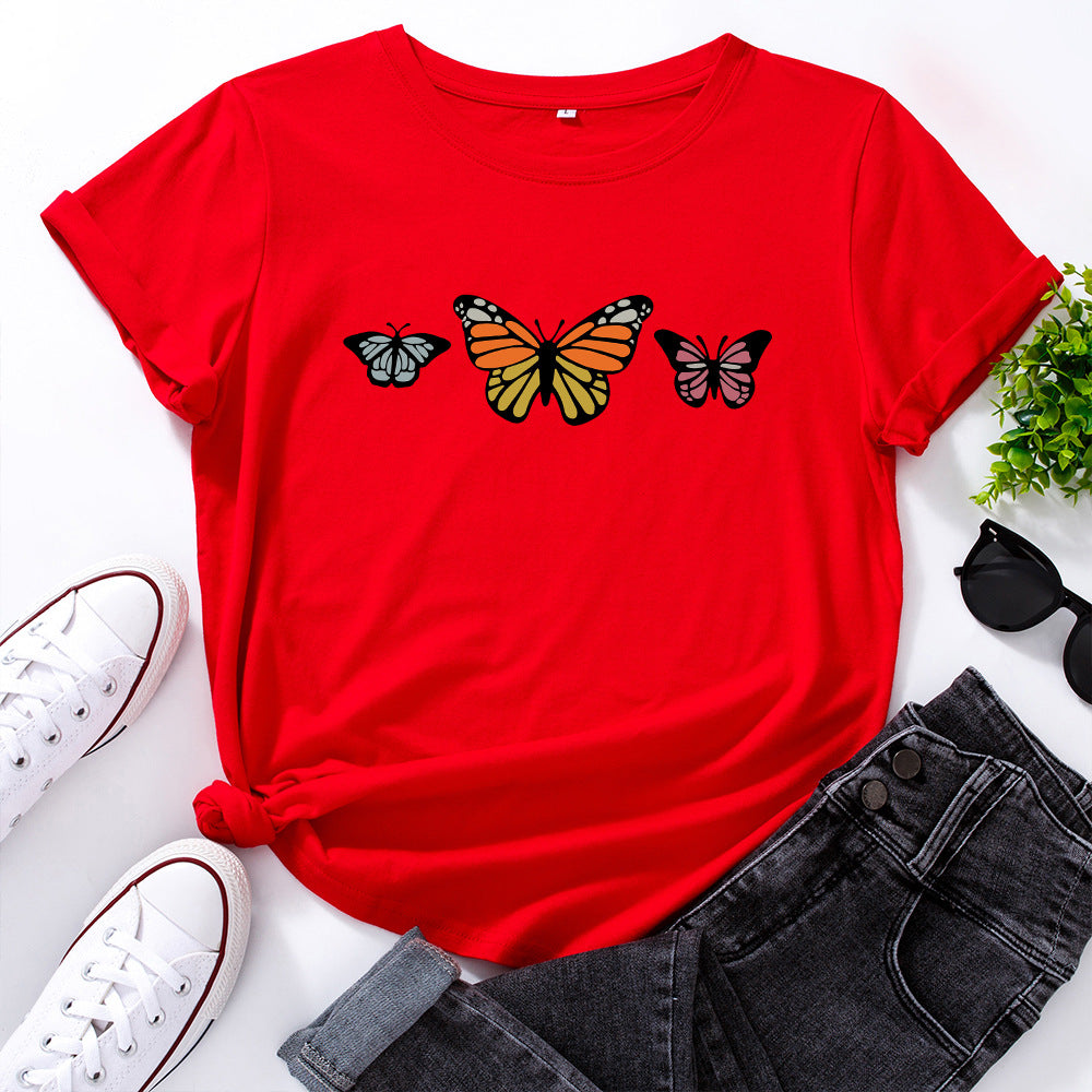 Pure cotton loose round neck butterfly short sleeve t-shirt women