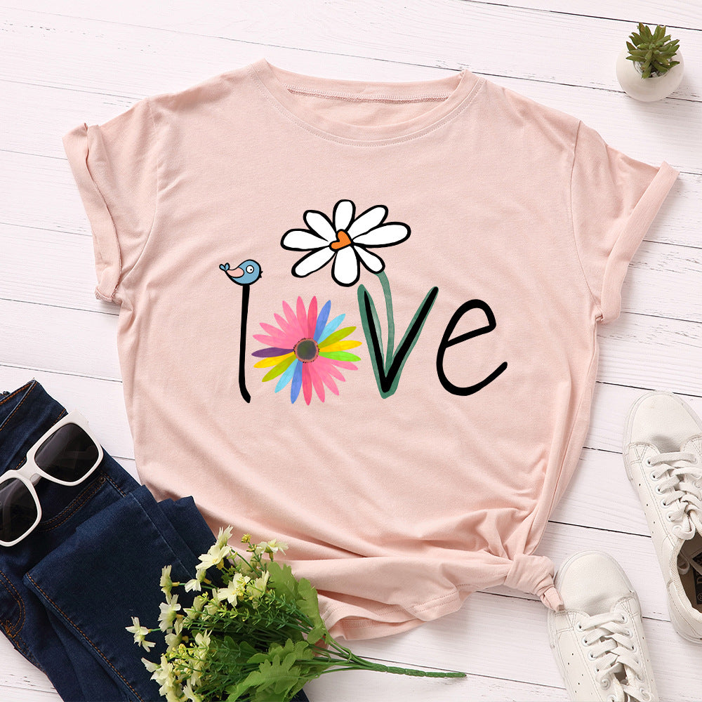 lvoe bird floral round neck short sleeve t-shirt women