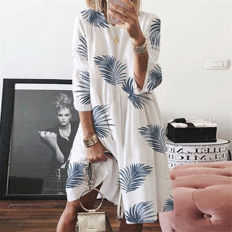 Retro print O-neck print dress women