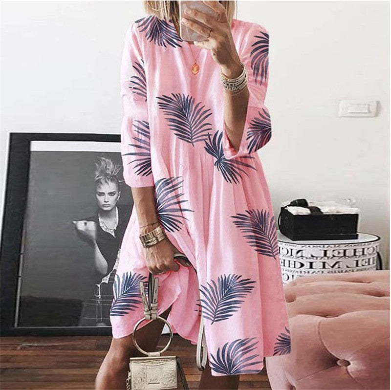 Retro print O-neck print dress women