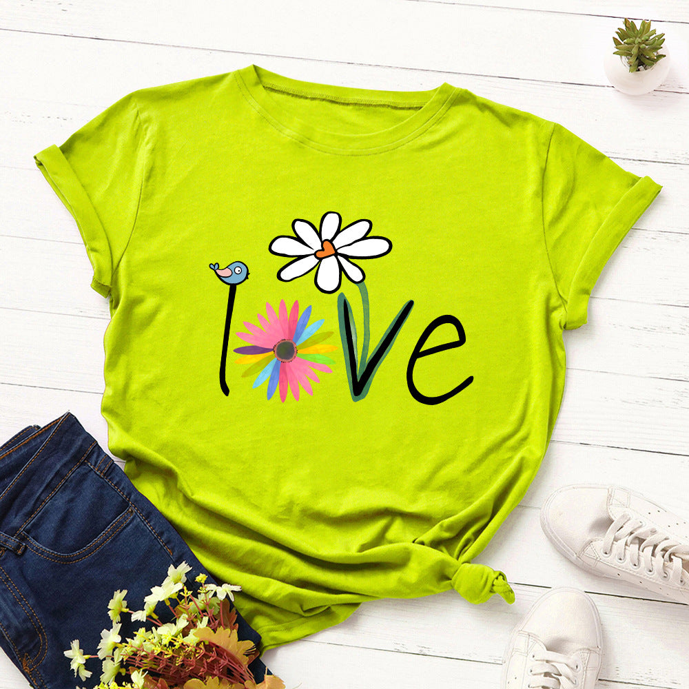 lvoe bird floral round neck short sleeve t-shirt women