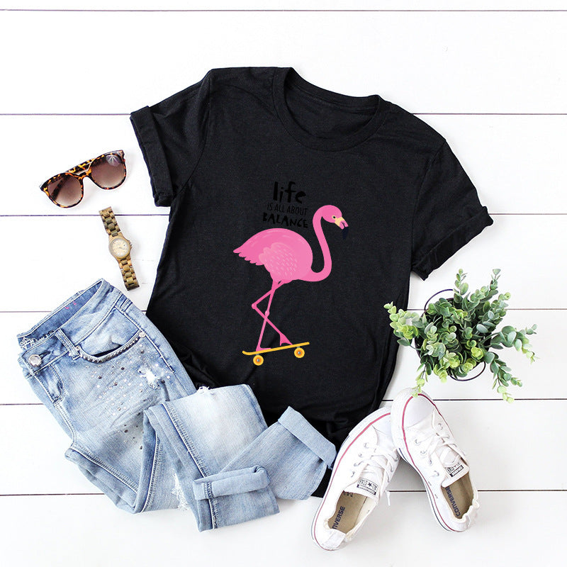 Women's Loose Flamingo Short Sleeve T-shirt Women