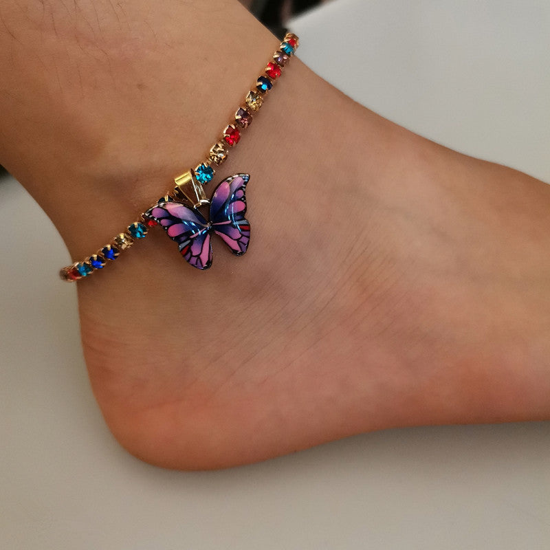 Rhinestone butterfly pendant anklet bracelet women