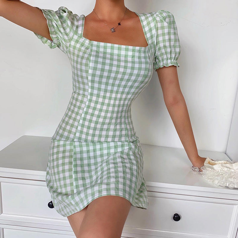 Square neck puff sleeve plaid dress women