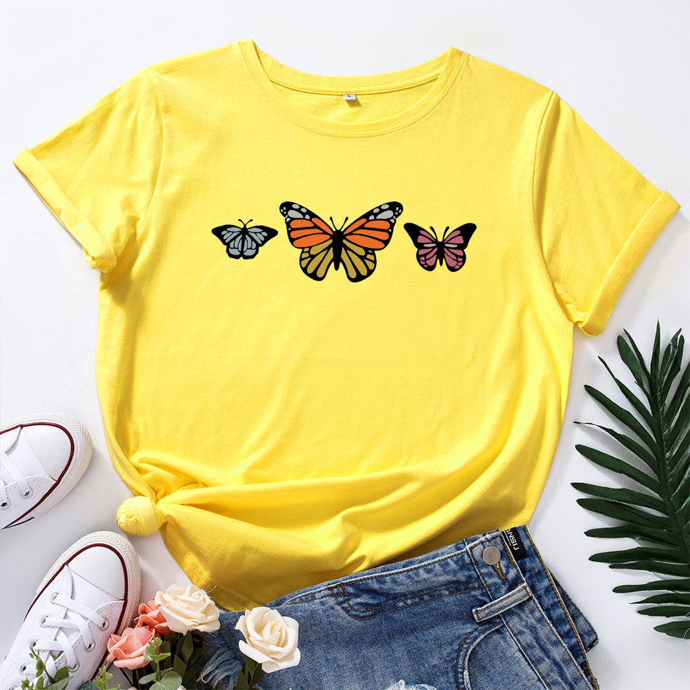 Pure cotton loose round neck butterfly short sleeve t-shirt women