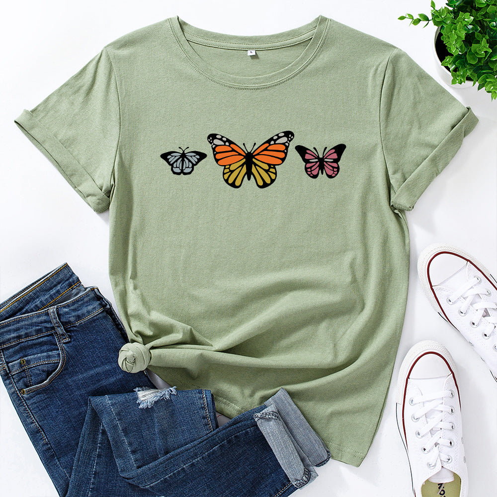 Pure cotton loose round neck butterfly short sleeve t-shirt women