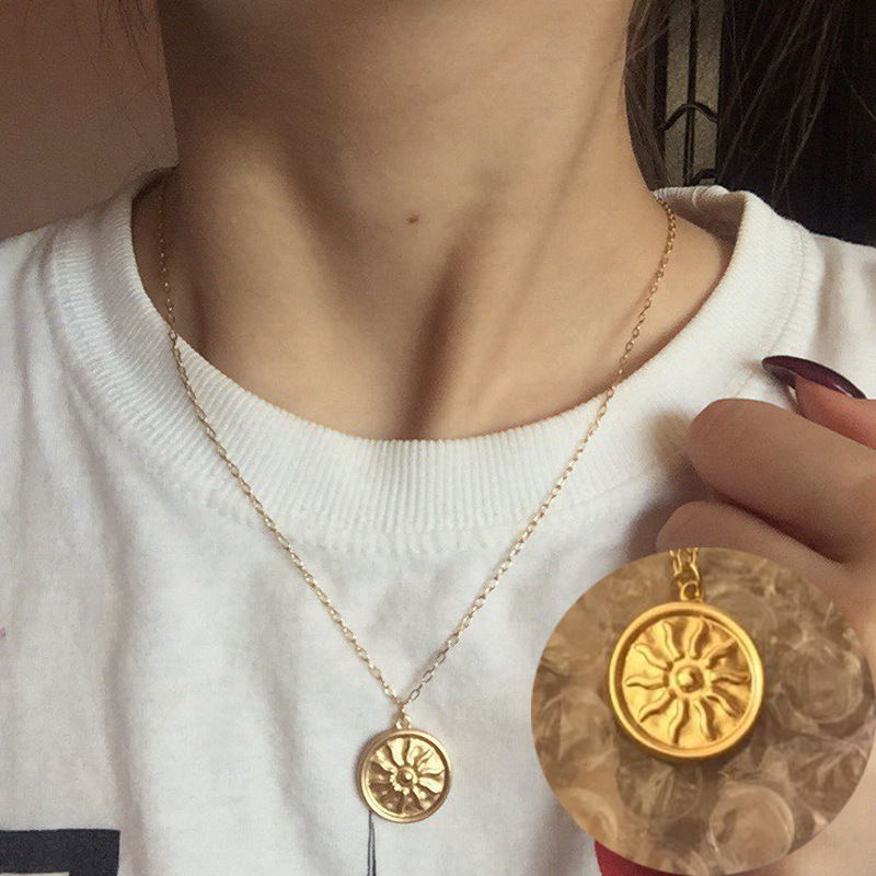 Matte Gold Sun Pendant Necklace For Women