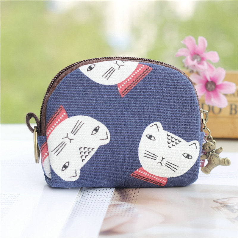 Retro Mini Bag Women Coin Purses Kawaii Short Wallet Girls Cat Small Canvas Purse Card Bags Womens Hand Purses for Ladies Kids