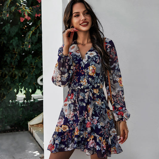 Long Sleeve Chiffon Print Dress Women