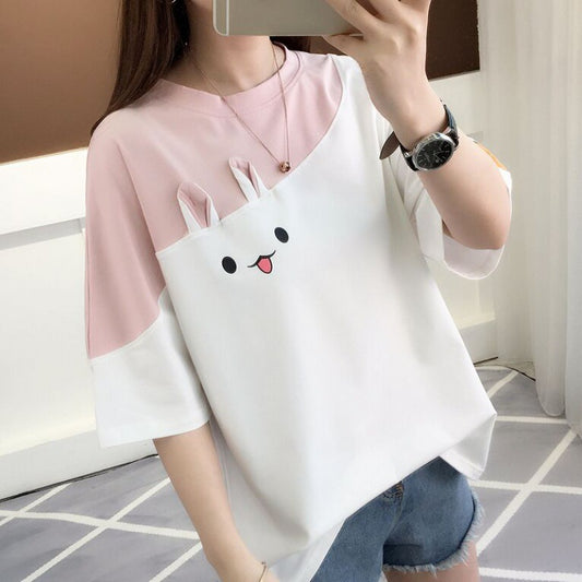 Cute Rabbit Embroidered T-Shirt Women Short Sleeve Half Sleeve