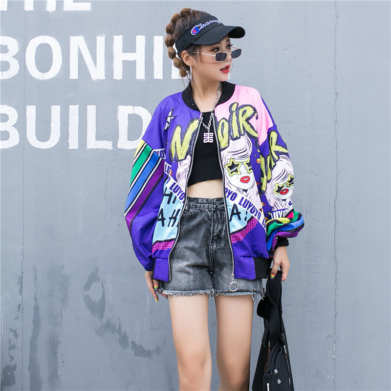 Cartoon Sequins Printed Baseball Uniform Long-Sleeved Jacket Women