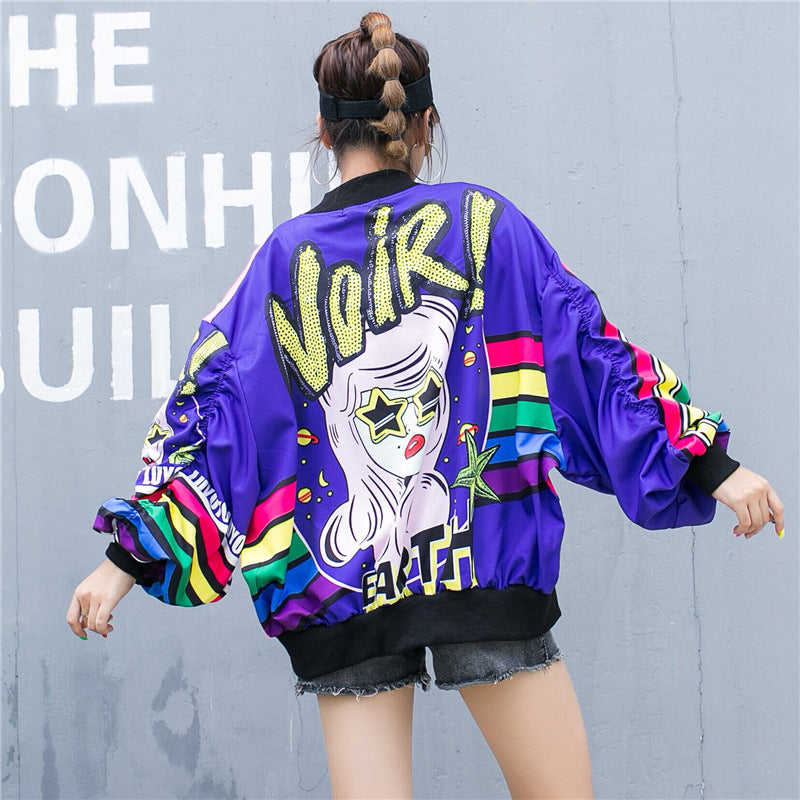 Cartoon Sequins Printed Baseball Uniform Long-Sleeved Jacket Women