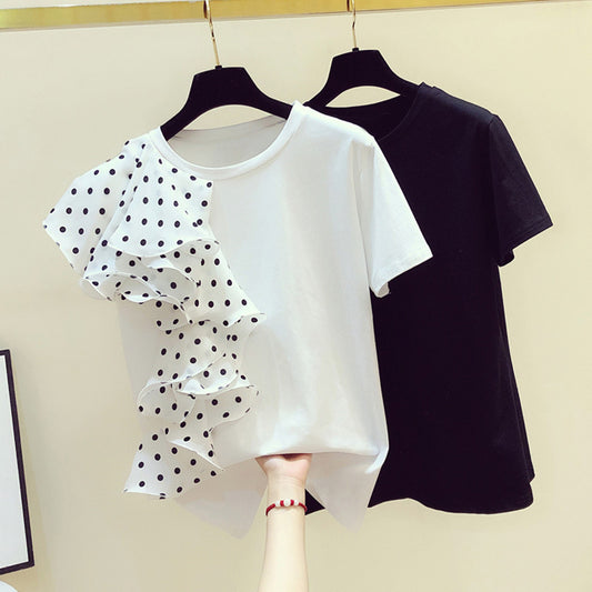 Polka Dot Ruffle Stitching T-shirt Women Short Sleeves