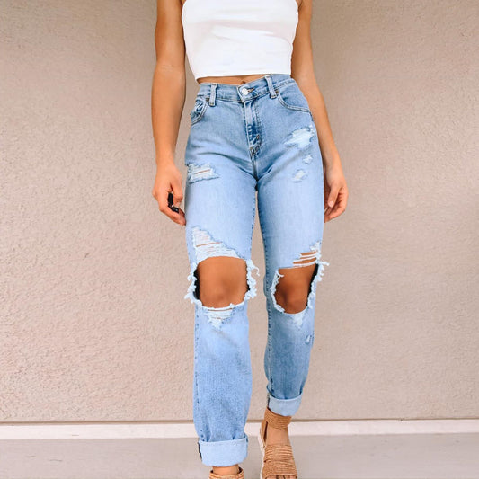 Ladies Jeans Ripped Holes Show Thin Jeans Women's Trousers