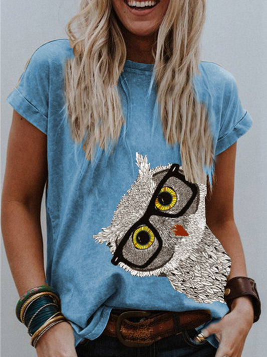 Short Sleeve Owl Print T Shirt Women