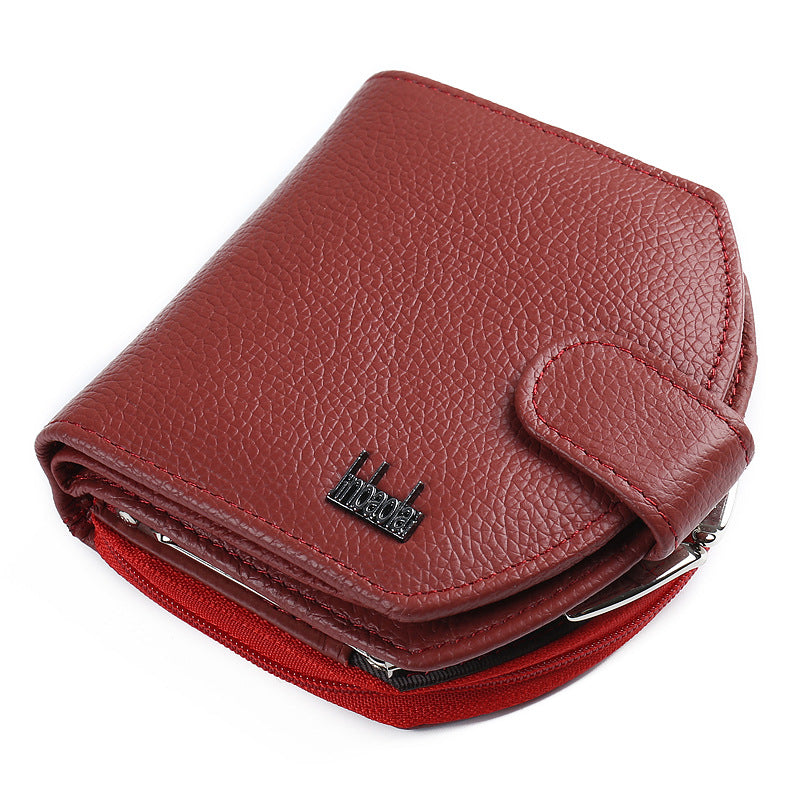 Cowhide Zipper Tri-Fold Leather Buckle Wallet