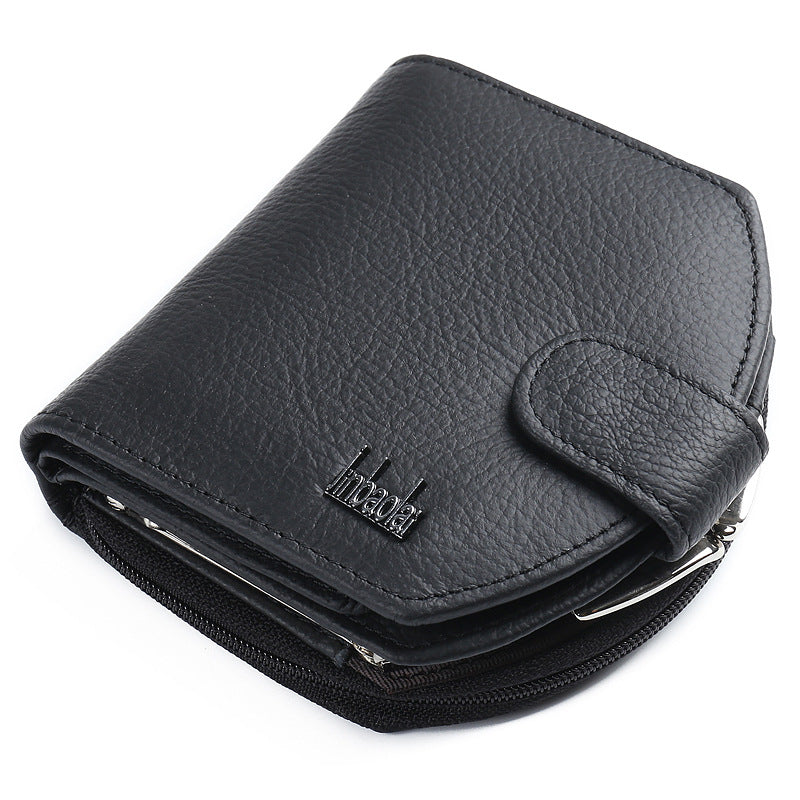 Cowhide Zipper Tri-Fold Leather Buckle Wallet