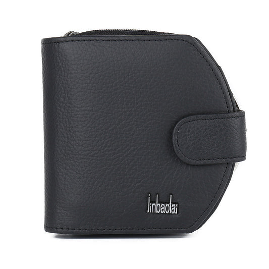 Cowhide Zipper Tri-Fold Leather Buckle Wallet