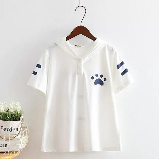 Japanese Mori Women'S Fresh Cat Claw Print Hooded Short Sleeve T-Shirt Women