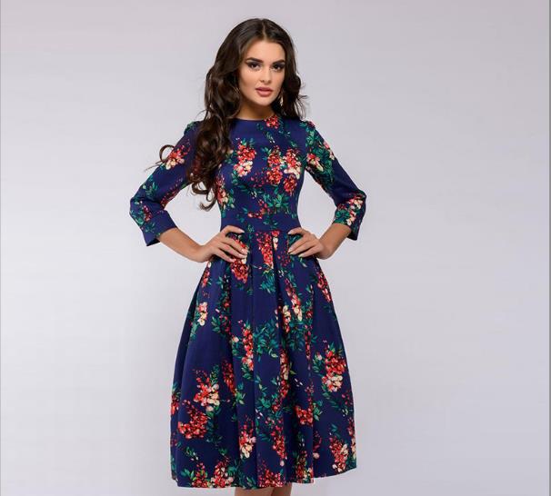 Women Elegent A-line Dress 2021 Vintage printing party vestidos Three Quarter Sleeve women Autumn Dress