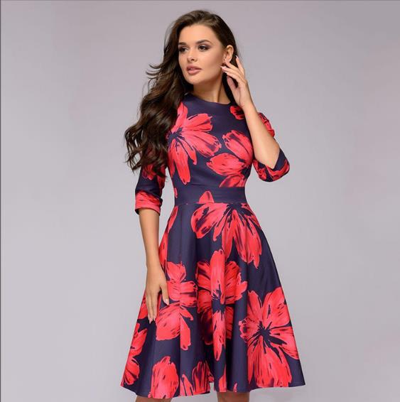 Women Elegent A-line Dress 2021 Vintage printing party vestidos Three Quarter Sleeve women Autumn Dress