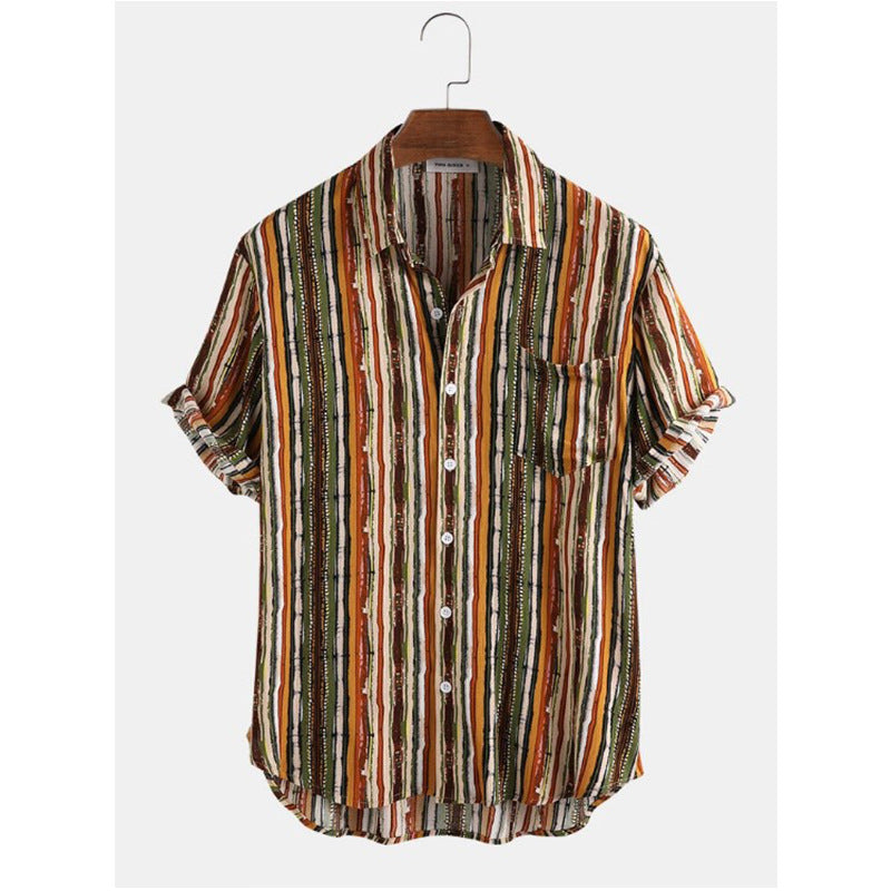 Men Stripe Short Sleeve Beach Shirt