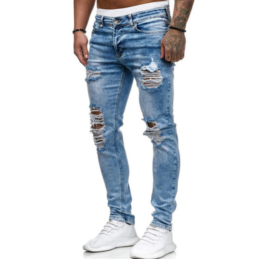 Cross-Border Foreign Trade Men'S Ripped Feet Jeans European And American Models Fried And Floated Stretch Men Trousers Amazon Wish