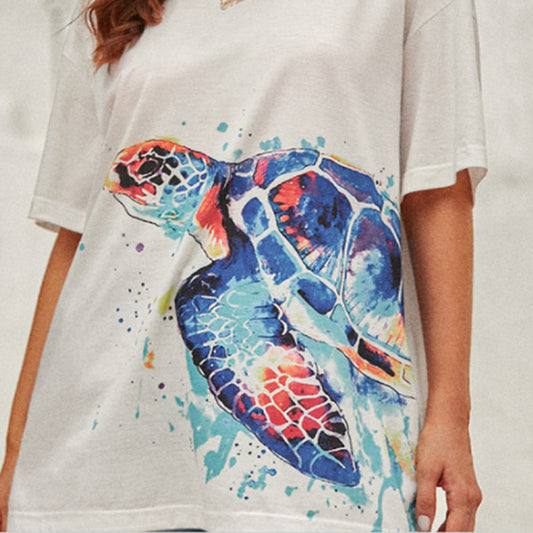 Indie Turtle Tie-Dye Print White Short Sleeve T-Shirt Women Loose Top
