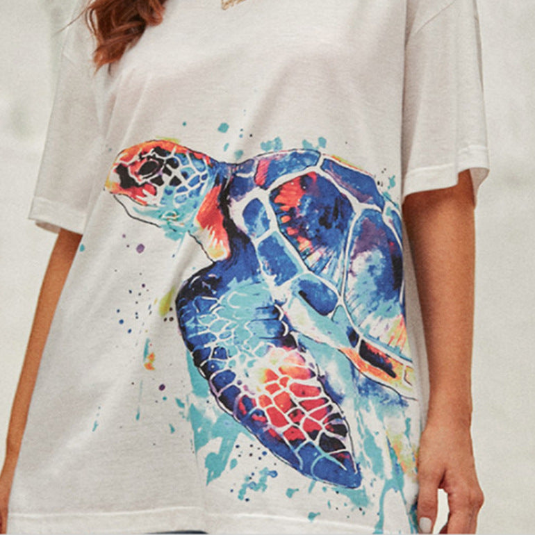 Indie Turtle Tie-Dye Print White Short Sleeve T-Shirt Women Loose Top