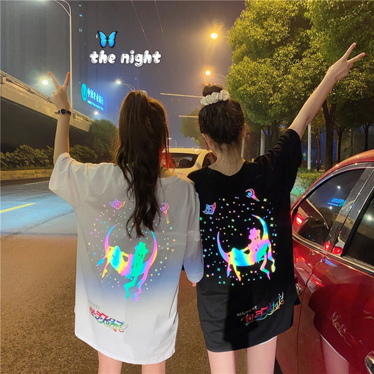 Mid-Length Reflective Short-Sleeved T-Shirt Women Summer Loose