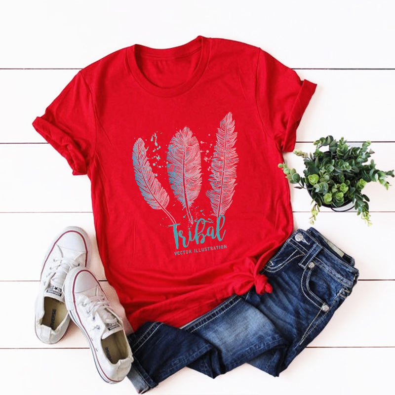 Women'S Feather Cotton Round Neck Short-Sleeved T-Shirt Women