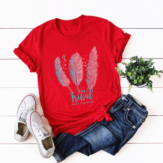 Women'S Feather Cotton Round Neck Short-Sleeved T-Shirt Women