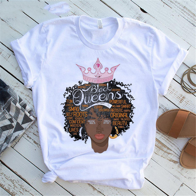 Women T Shirt Fashion Casual Cartoon Feminism Cartoon African Girl Print Ladies Short Sleeve T-shirt