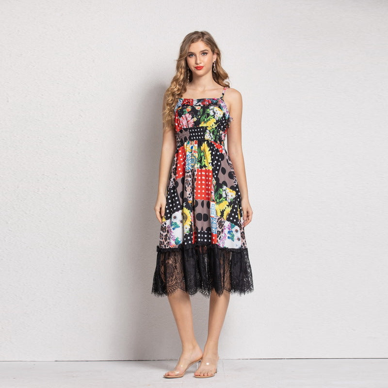 Ruffled Lace Contrast Printed Sling Dress Women