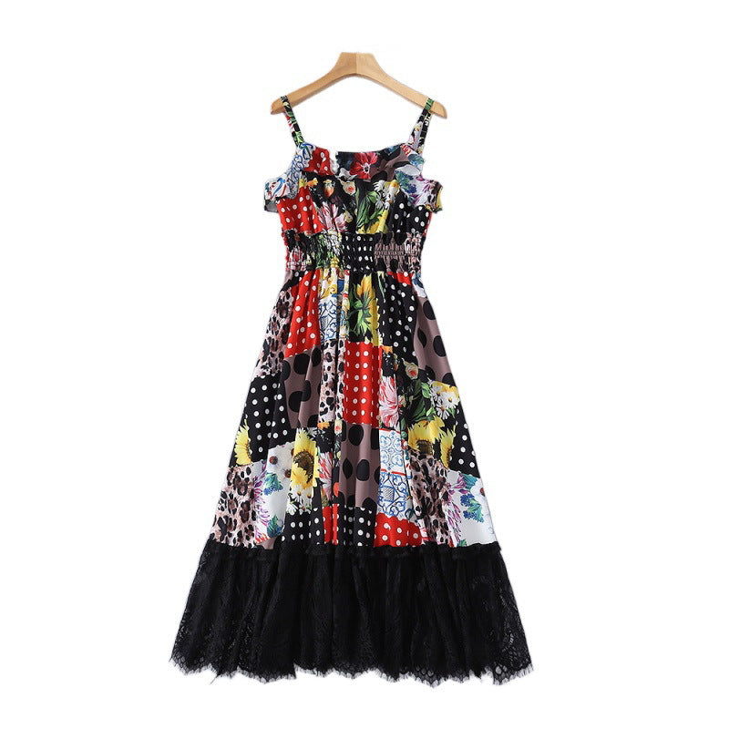 Ruffled Lace Contrast Printed Sling Dress Women