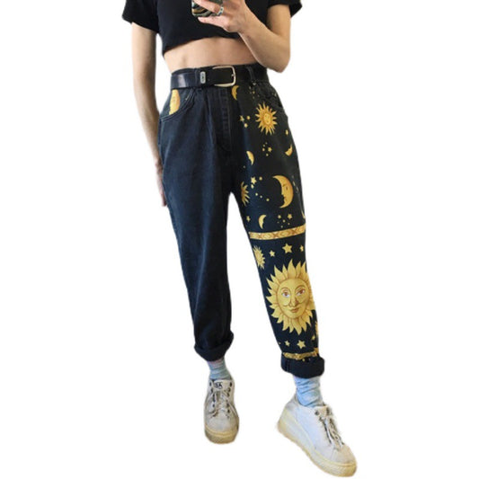 Europe And The United States 2021 New Ladies Fashion Fashion Printed Harem Pants Loose Jeans