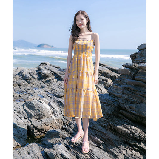 Plaid Sling Chiffon Dress Women