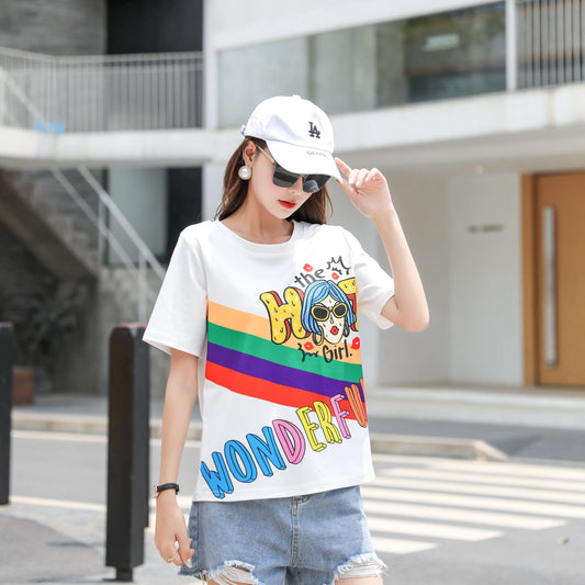 Personalized Short-sleeved T-Shirt Women Summer Cartoon Printed Letters Loose Round Neck